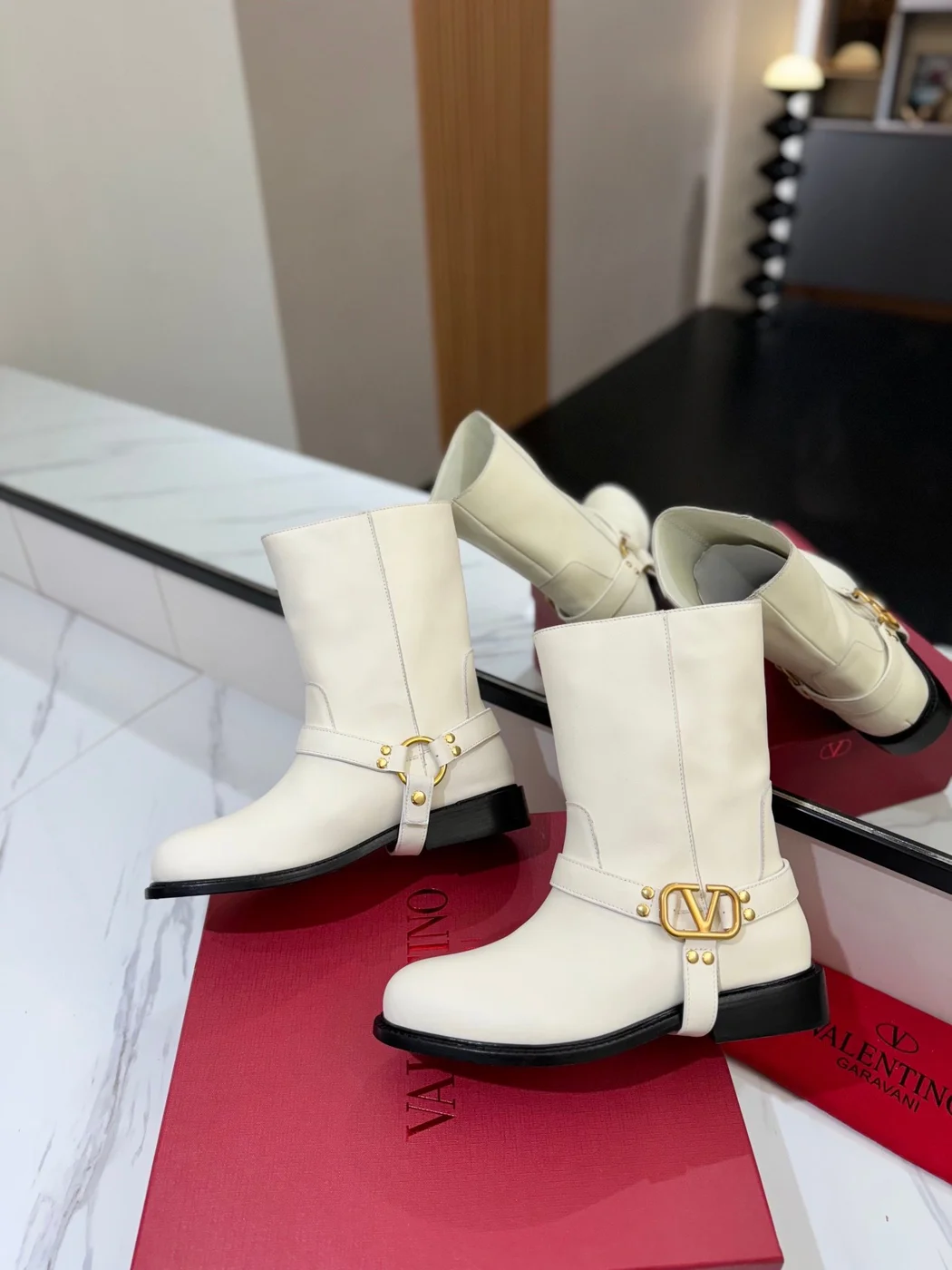 Valentino Women White Leather Mid-Calf Boots product view 2