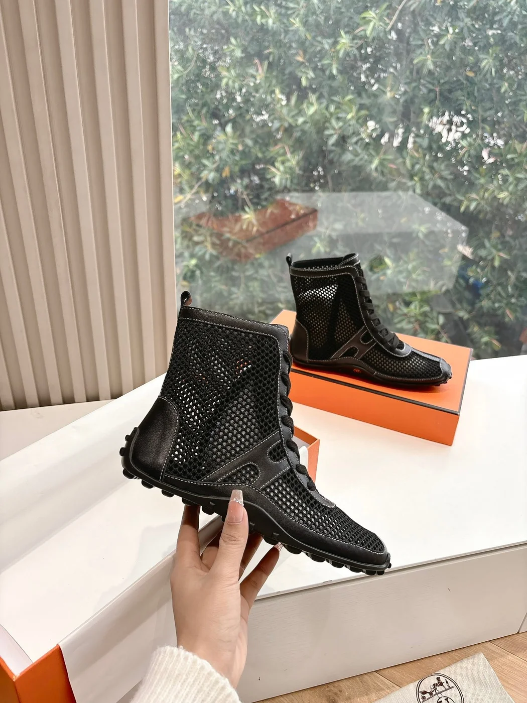 Hermès Women Black Mesh And Leather Boots product view 5