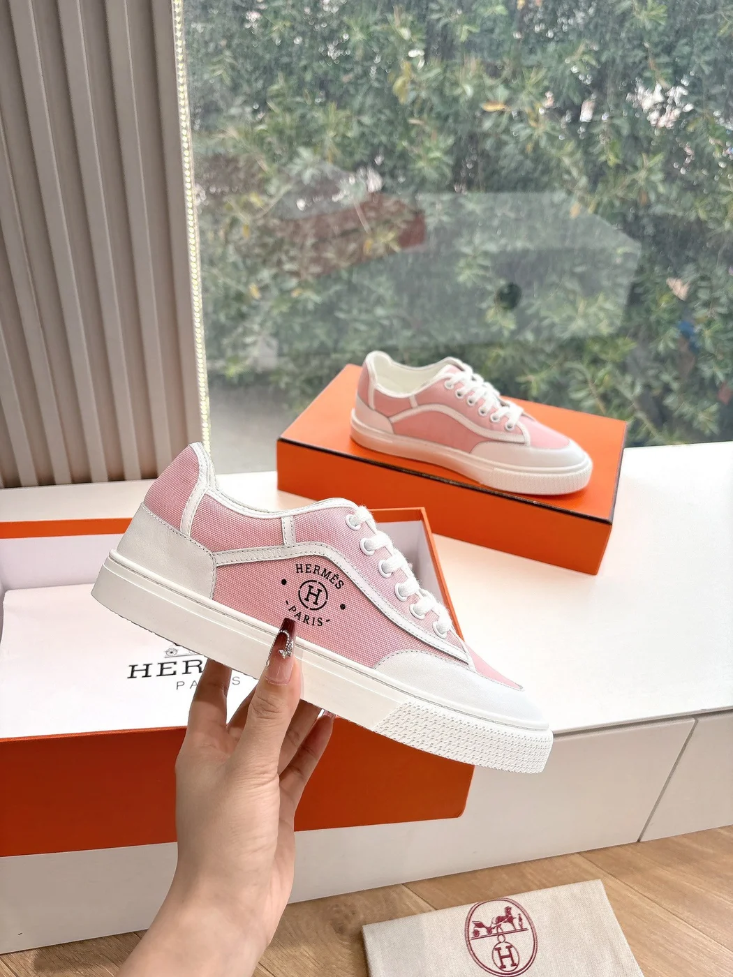 Hermès Women Pink Canvas And White Leather Sneakers product view 4