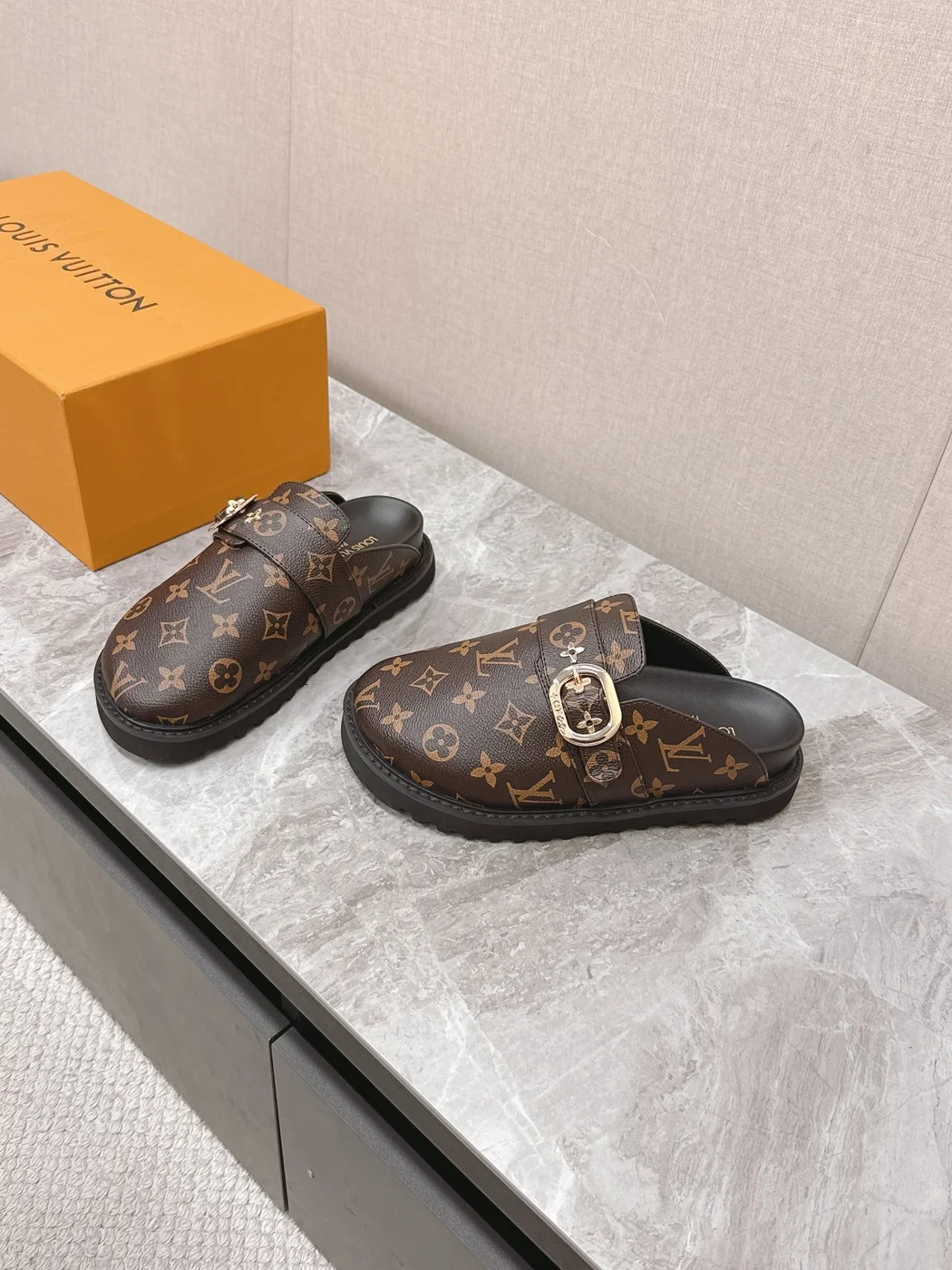 Louis Vuitton Women Brown Leather Monogram Mules — Round Gold-Tone Buckle Detail product view 3