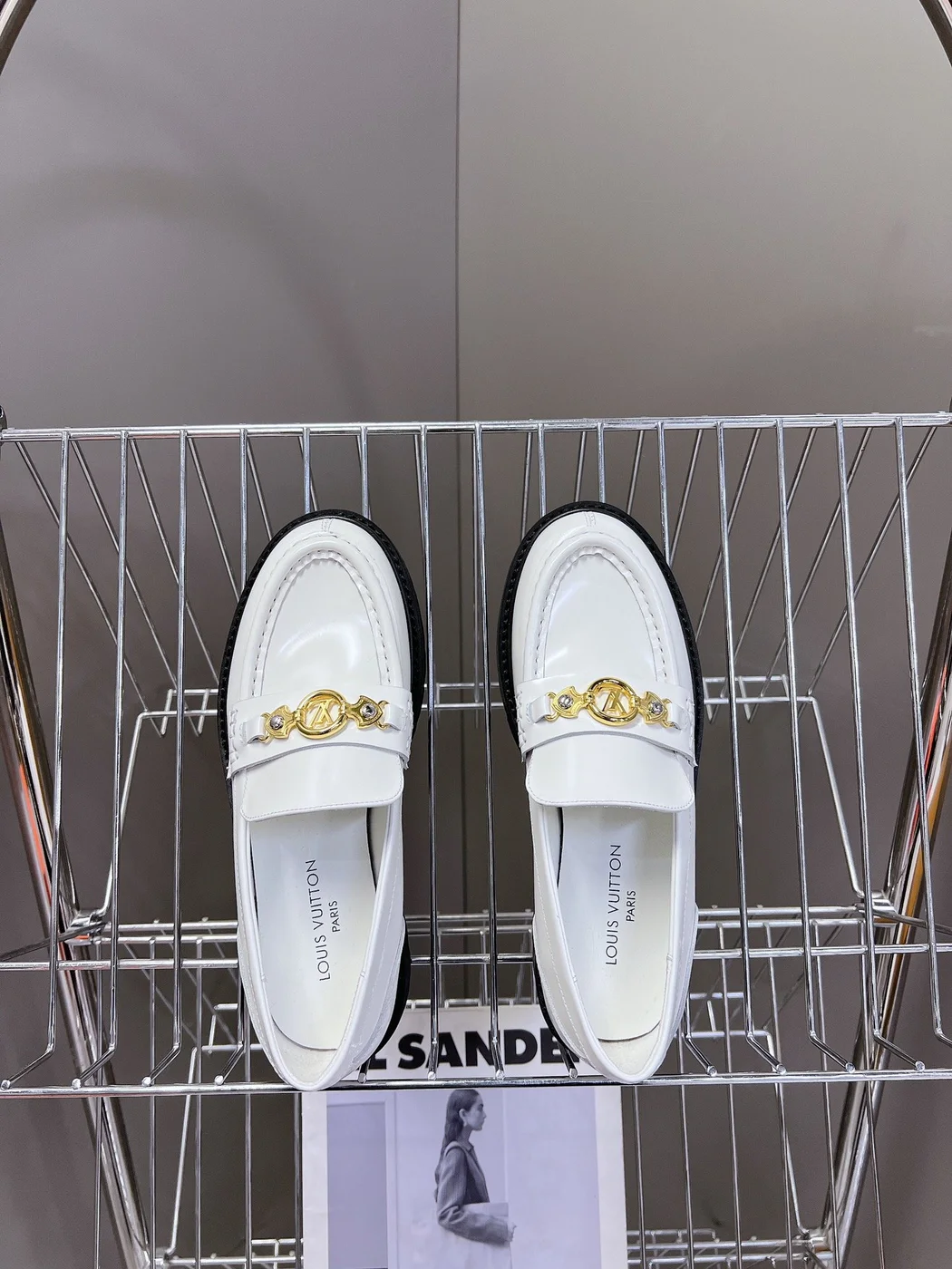 Louis Vuitton Women White Leather Loafers — Gold-Tone Chain Detail with Lug Sole product view 2