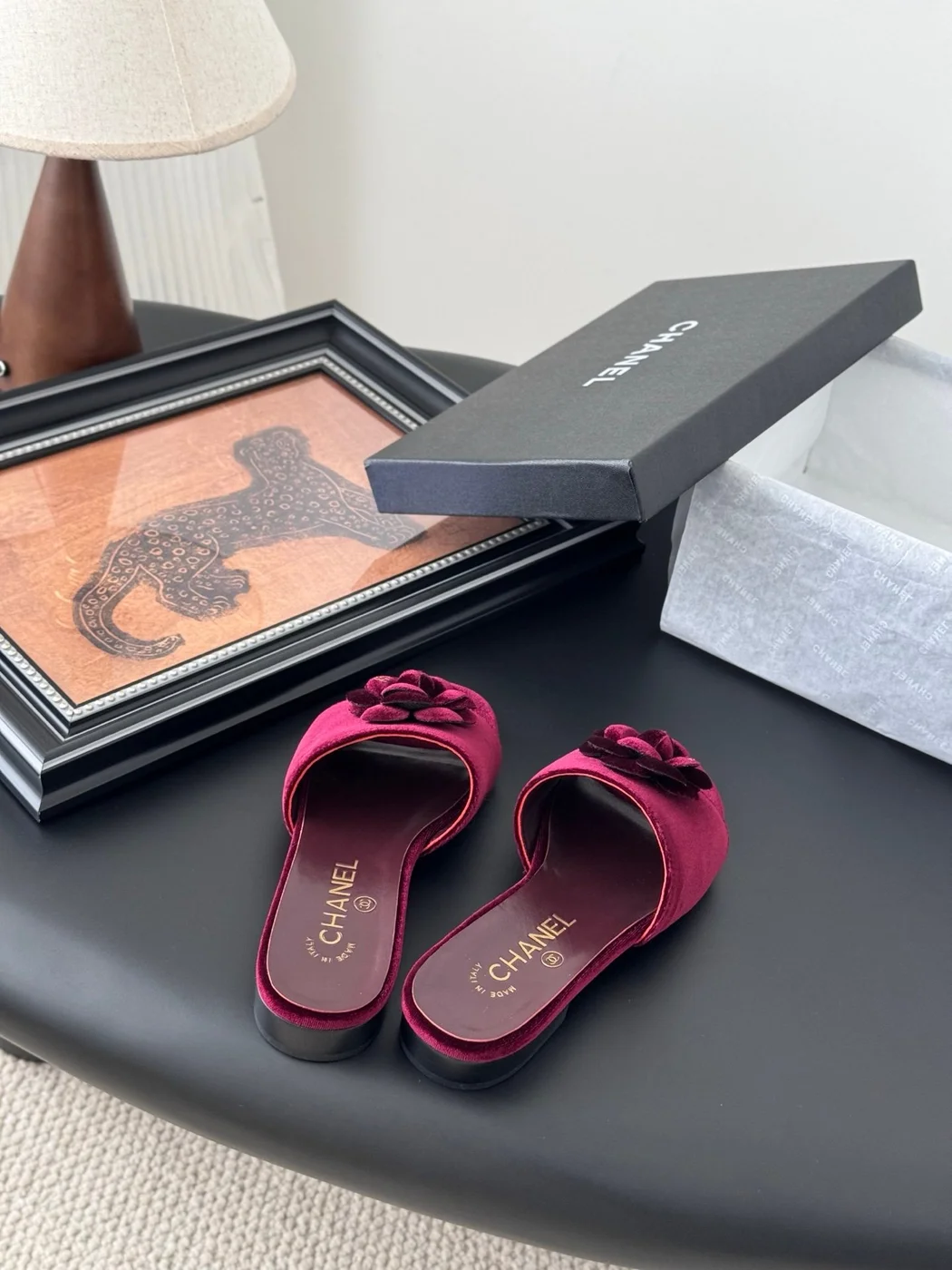 Chanel Women Burgundy Velvet Camellia Slides product view 5