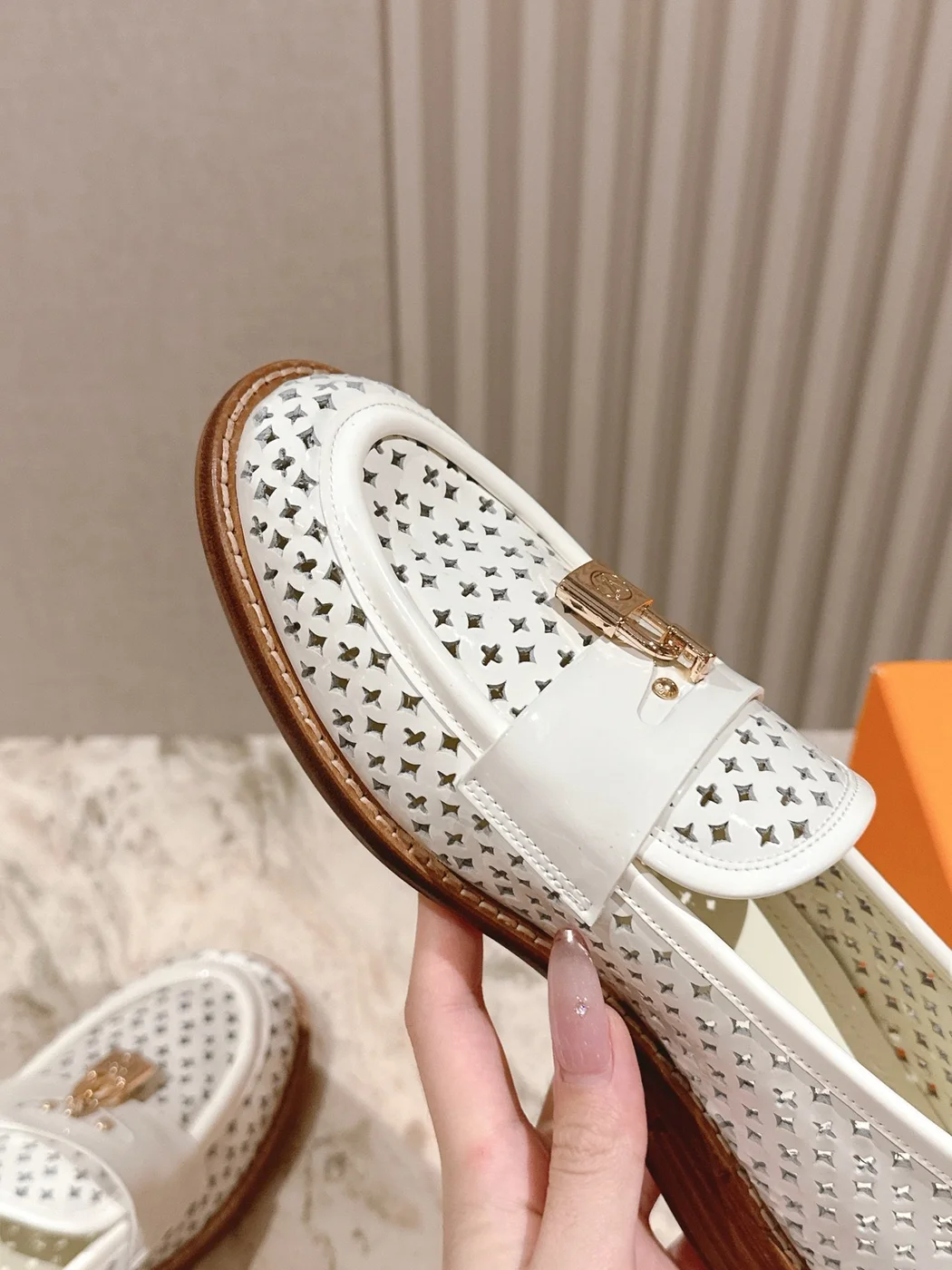 Louis Vuitton Women White Leather Loafers — Woven Upper Detail product view 6