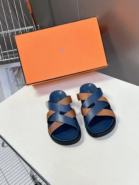 Hermès Women Navy Blue Leather And Brown Sandals product photo