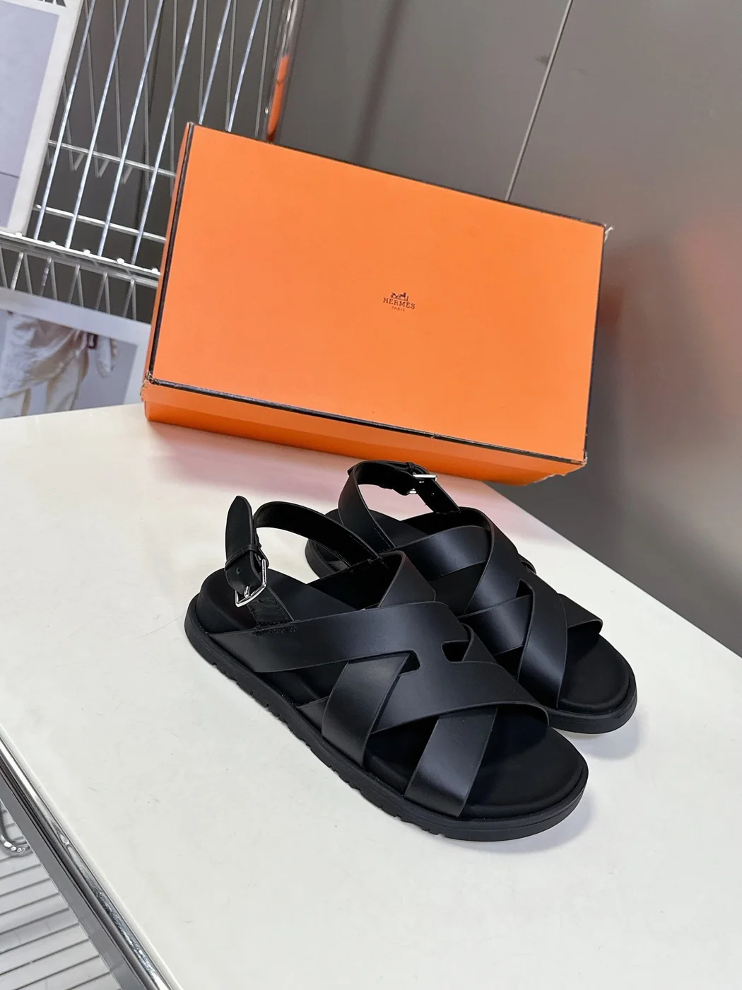 Hermès Women Black Leather Strappy Sandals — Wide Cross-Strap product view 3