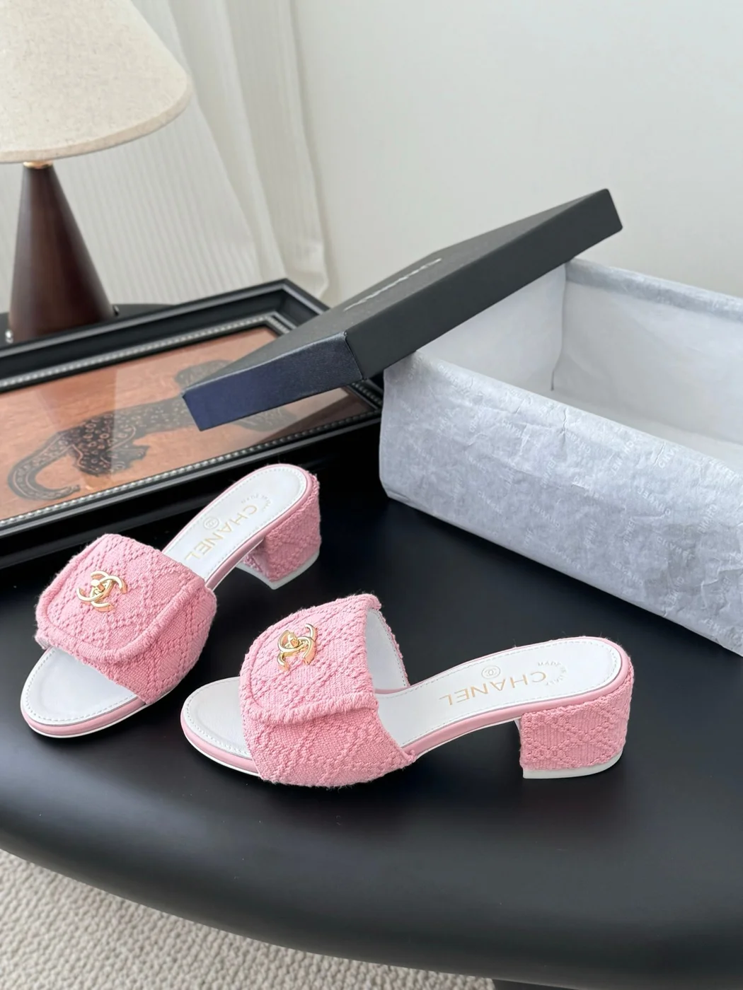 Chanel Women Pink Tweed Slides product view 2