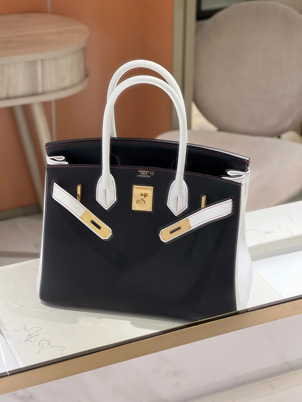 Hermès Birkin 30 Black/White Togo leather Gold Hardware Bag product view 4