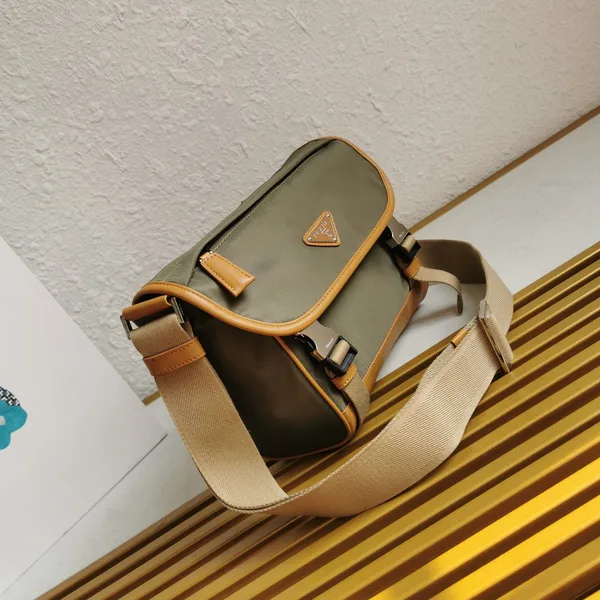 Prada Messenger Bag 20 In Khaki Green Re-Nylon And Brown Calfskin Trim product view 2