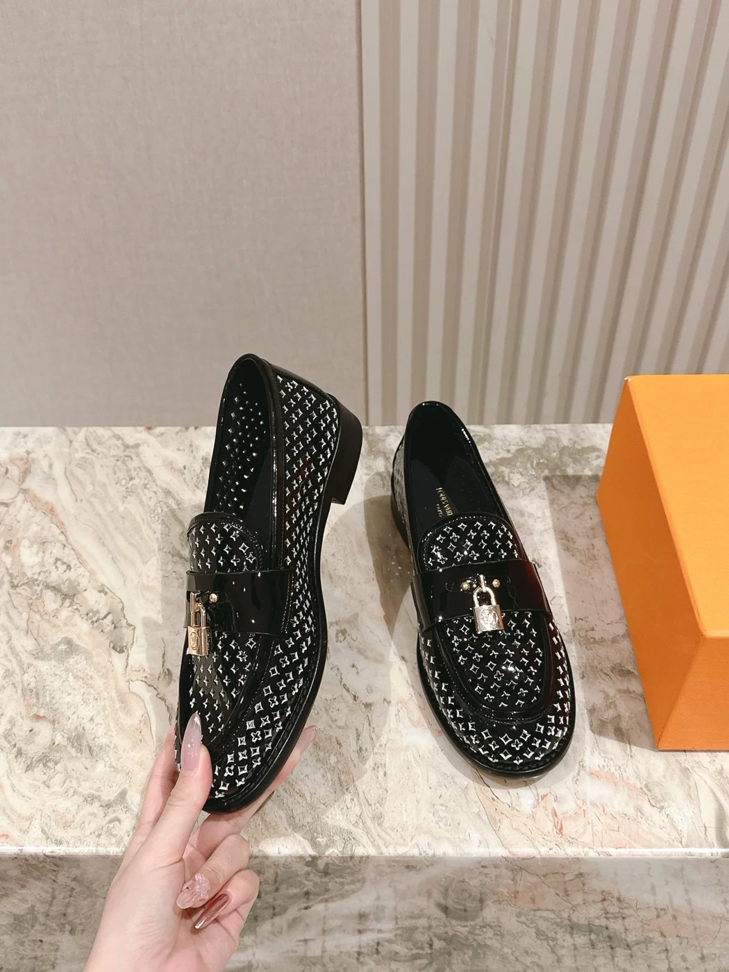 Louis Vuitton Women Black Patent Leather Loafers — Tonal Patterned Upper product view 3