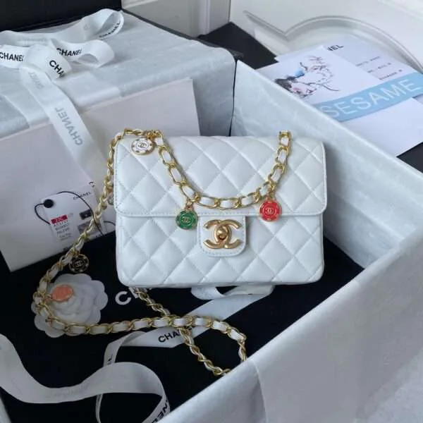 Chanel Chain Charm Smooth Leather Women’s Handbag White 20 cm product photo