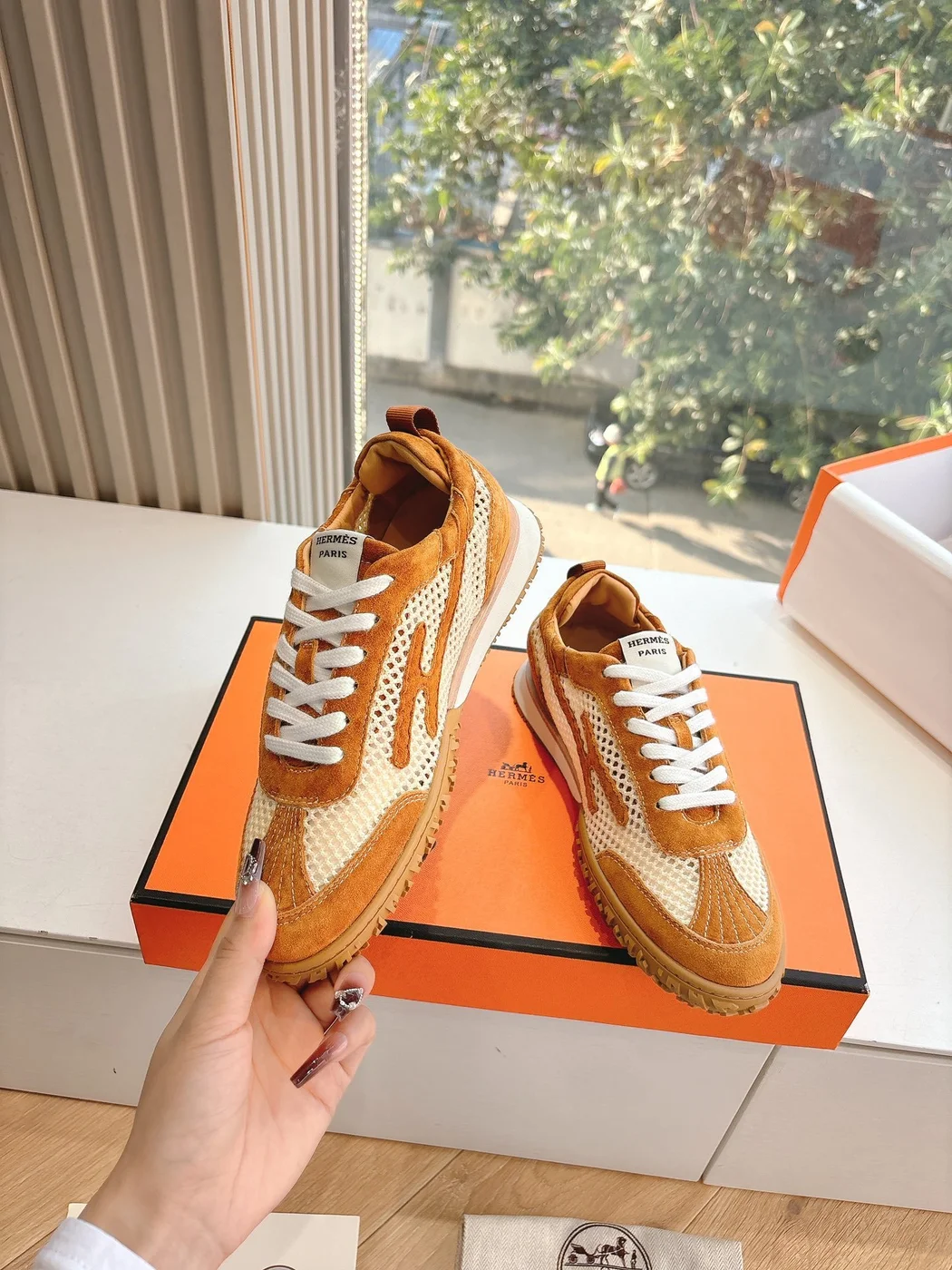 Hermès Women Brown Mesh Suede Sneakers product view 6