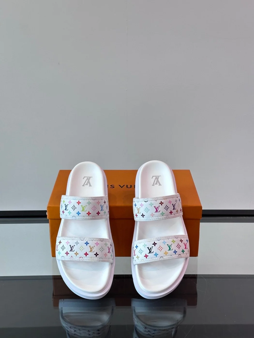 Louis Vuitton Men White Canvas Multicolor Logo Slides product view 7