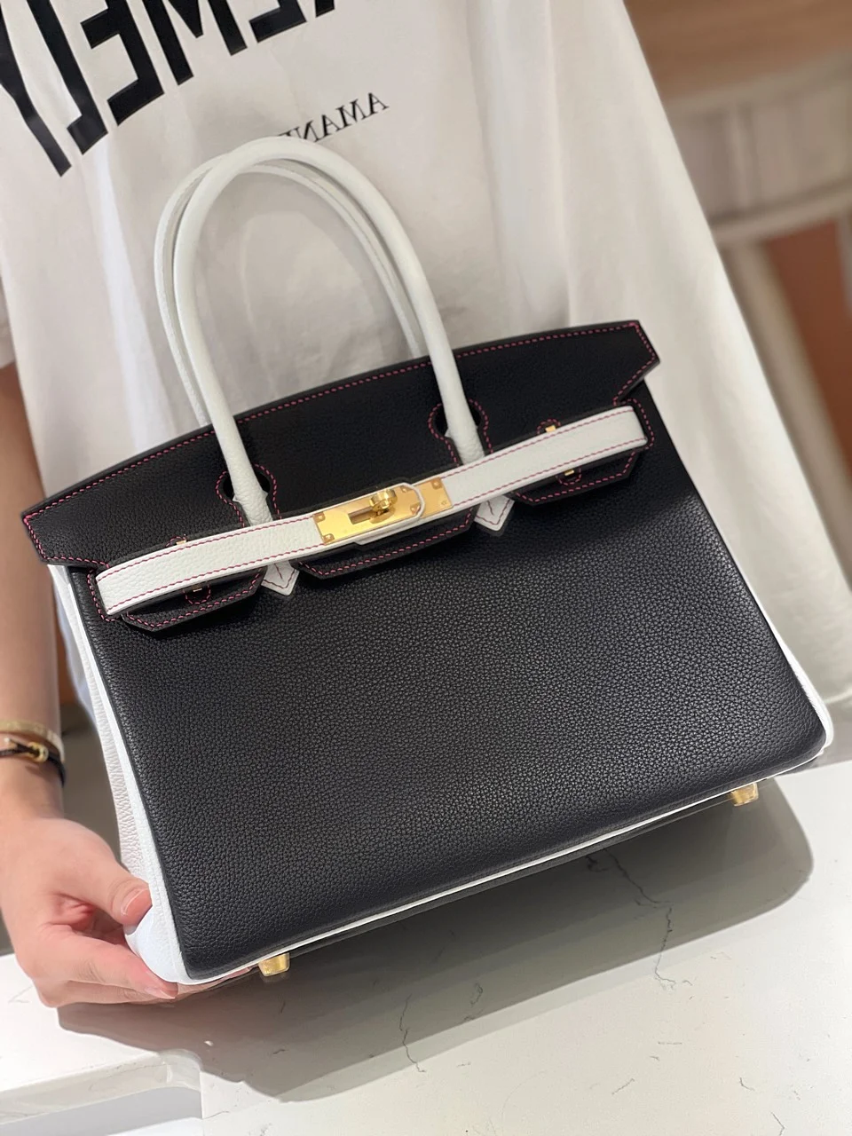 Hermès Birkin 30 Black/White Togo leather Gold Hardware Bag product view 6