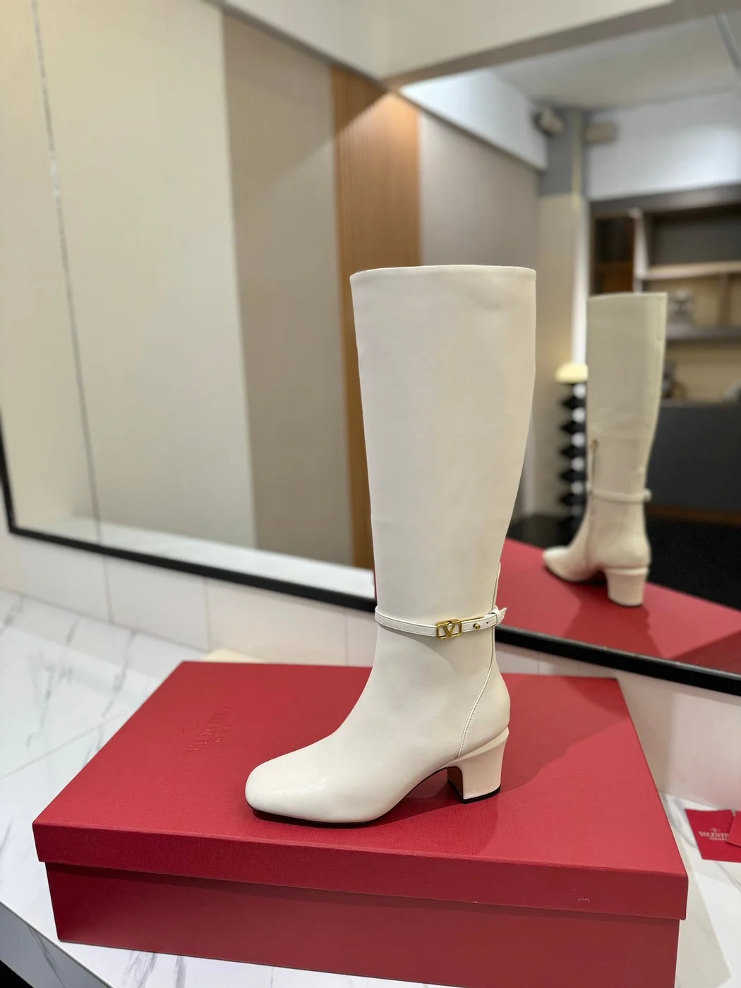 Valentino Women White Leather Knee High Boots — Plain Shaft product view 5