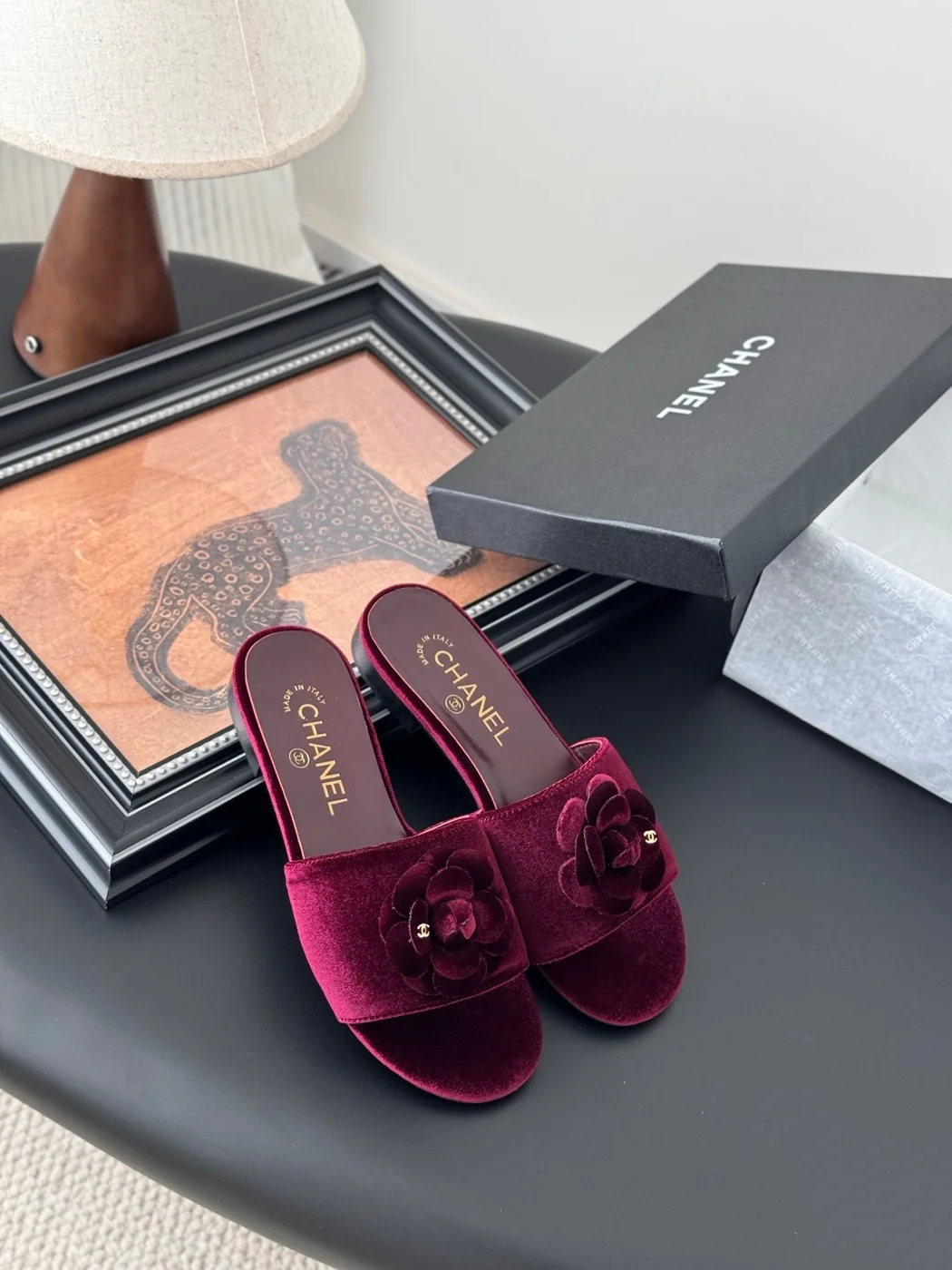 Chanel Women Burgundy Velvet Camellia Slides product view 6