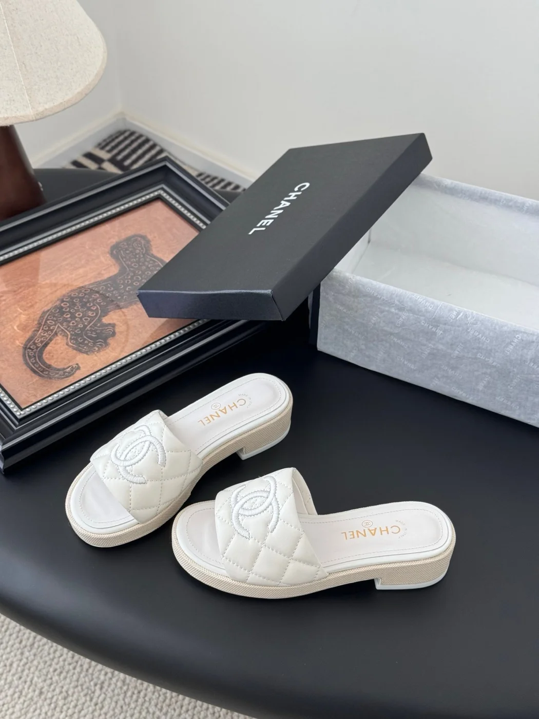 Chanel Women White Quilted Leather Slides — Tonal CC Detail product view 2
