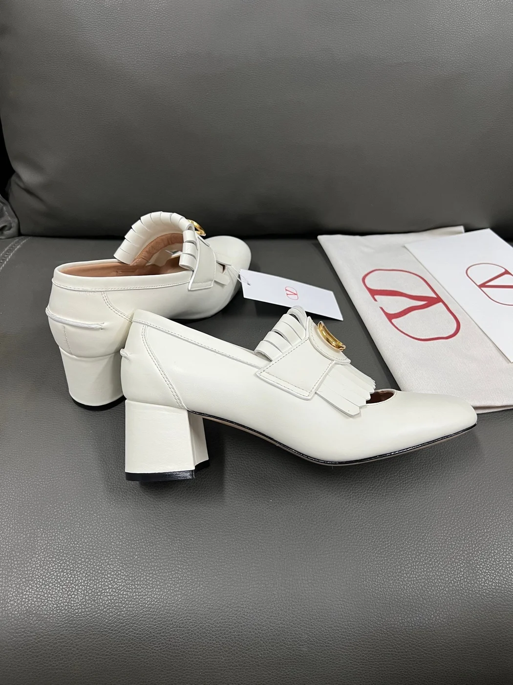 Valentino Women White Leather Fringe Detail Pumps product view 2