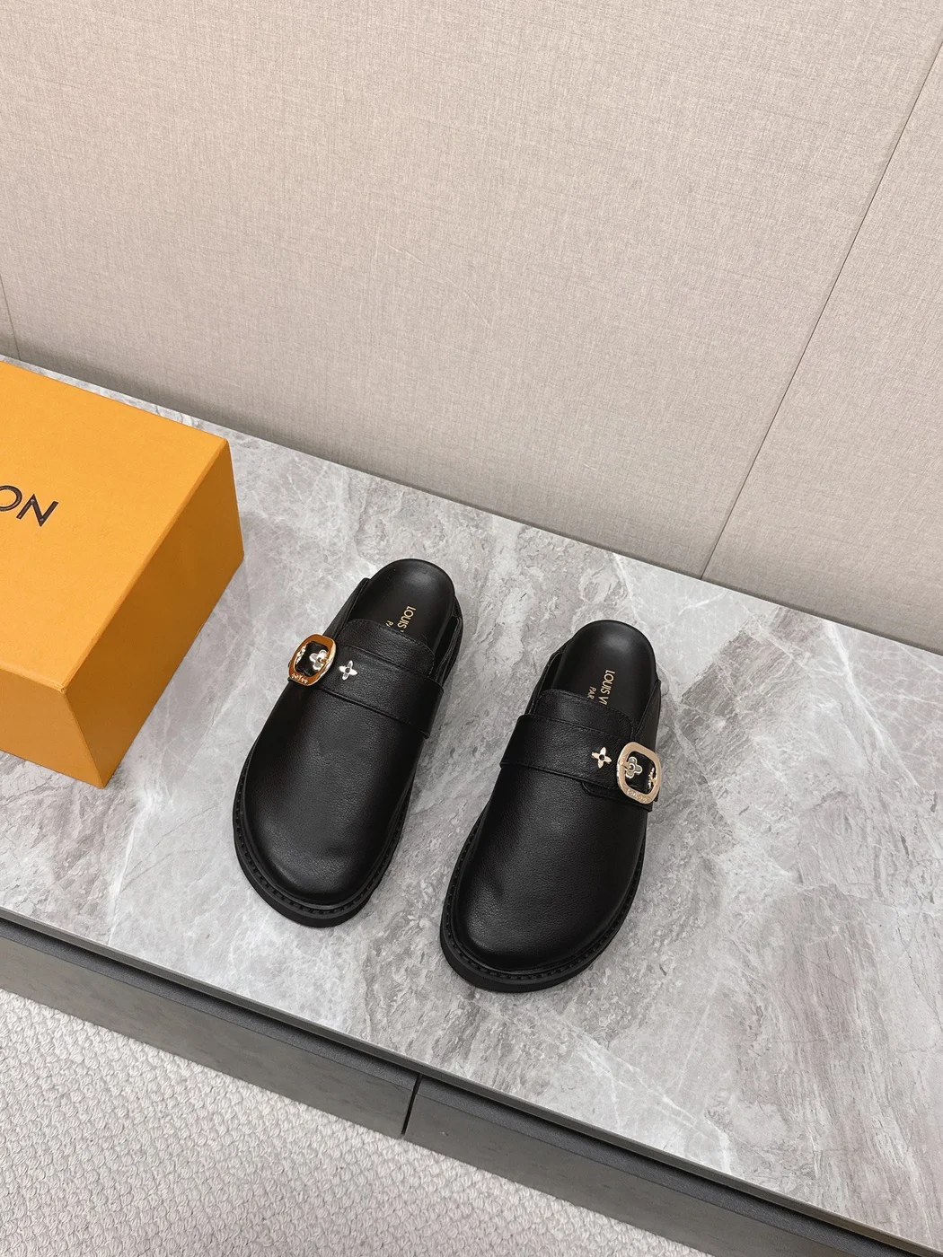 Louis Vuitton Women Black Leather Mules — Round Gold-Tone Buckle Detail product view 4