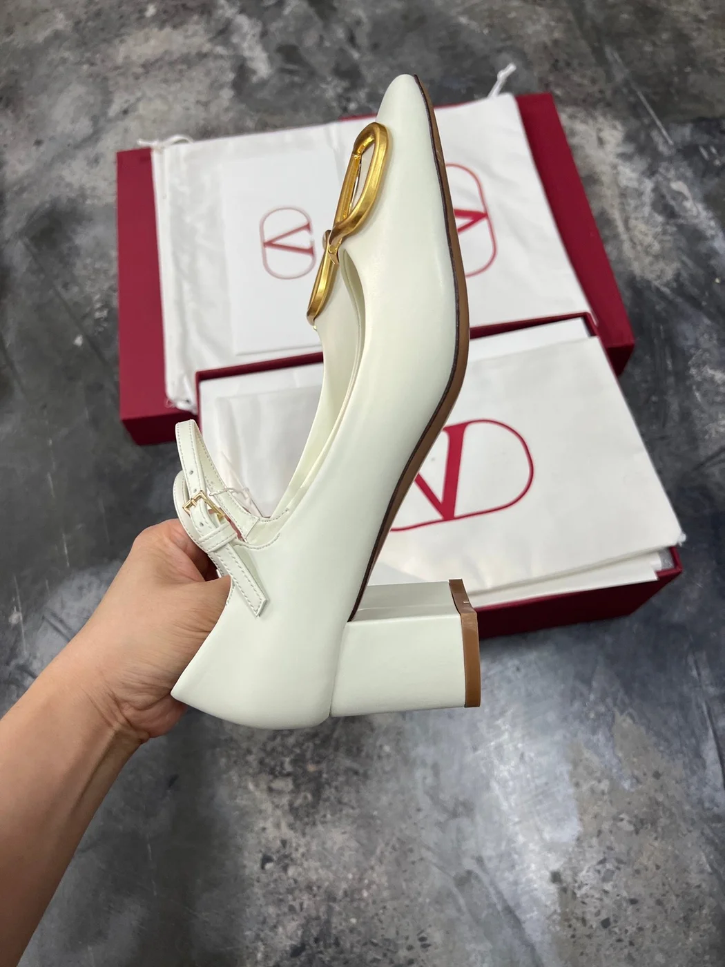 Valentino Women White Mary Jane Heels with Gold-Tone VLogo Detail product view 6