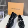 Louis Vuitton Women Black Leather Loafers — Chain Detail with Lug Sole product view 5