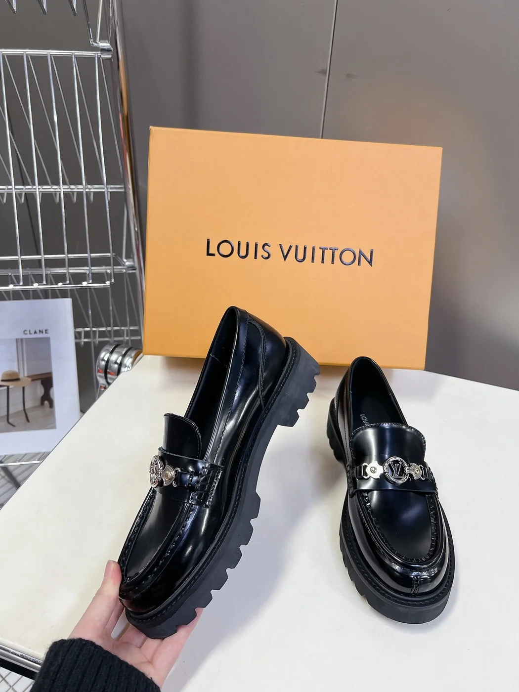 Louis Vuitton Women Black Leather Loafers — Chain Detail with Lug Sole product view 5