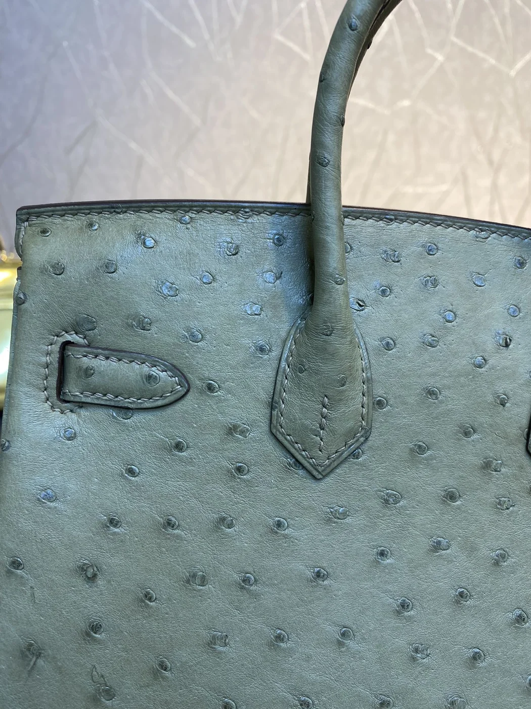 Hermès Birkin 30 cm Khaki Ostrich Leather Silver Hardware Bag product view 3
