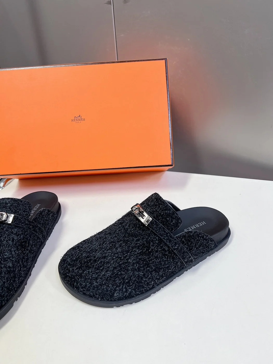 Hermès Women Black Fuzzy Fabric Mules product view 4