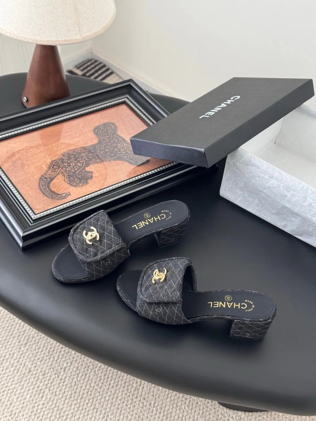 Chanel Women Black Quilted Fabric Slides — Gold-Tone CC Detail product view 6