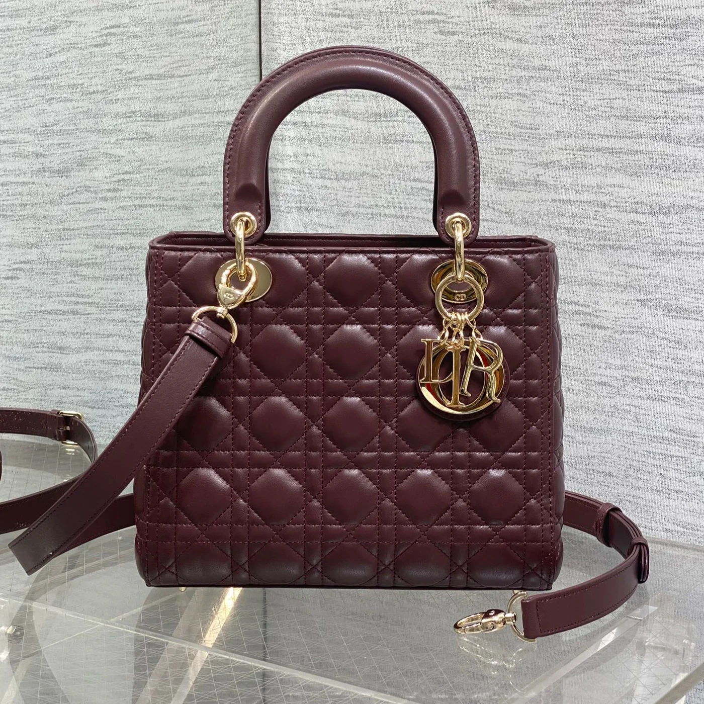 Dior Medium Lady Bag 24 In Burgundy Gold Hardware product view 1