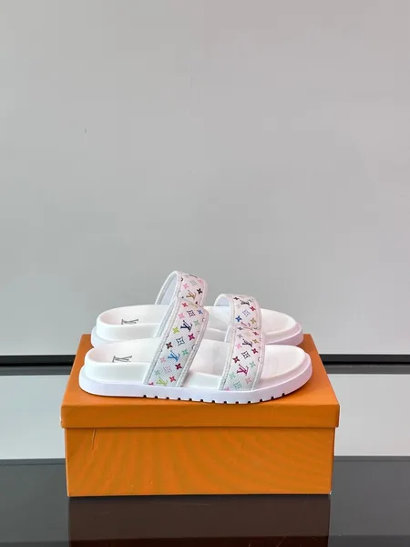 Louis Vuitton Men White Canvas Multicolor Logo Slides product photo