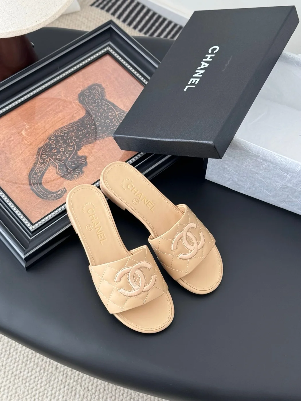 Chanel Women Beige Quilted Leather Slides — Tonal CC Detail product view 6