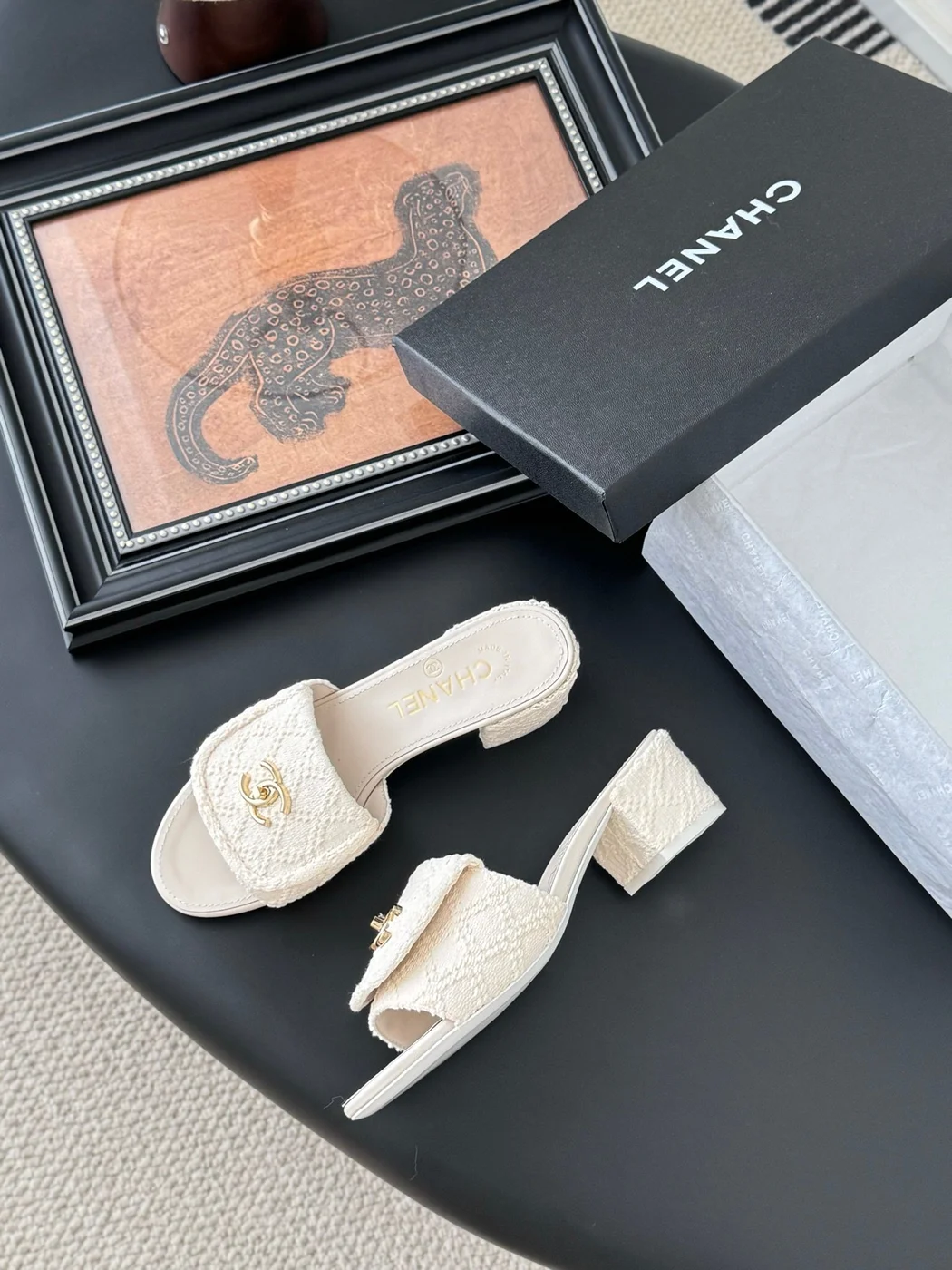Chanel Women Cream Slides — Gold-Tone CC Detail product view 4
