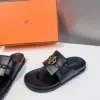 Hermès Women Black Leather Sandals — Gold-Tone Buckle Slides product view 3