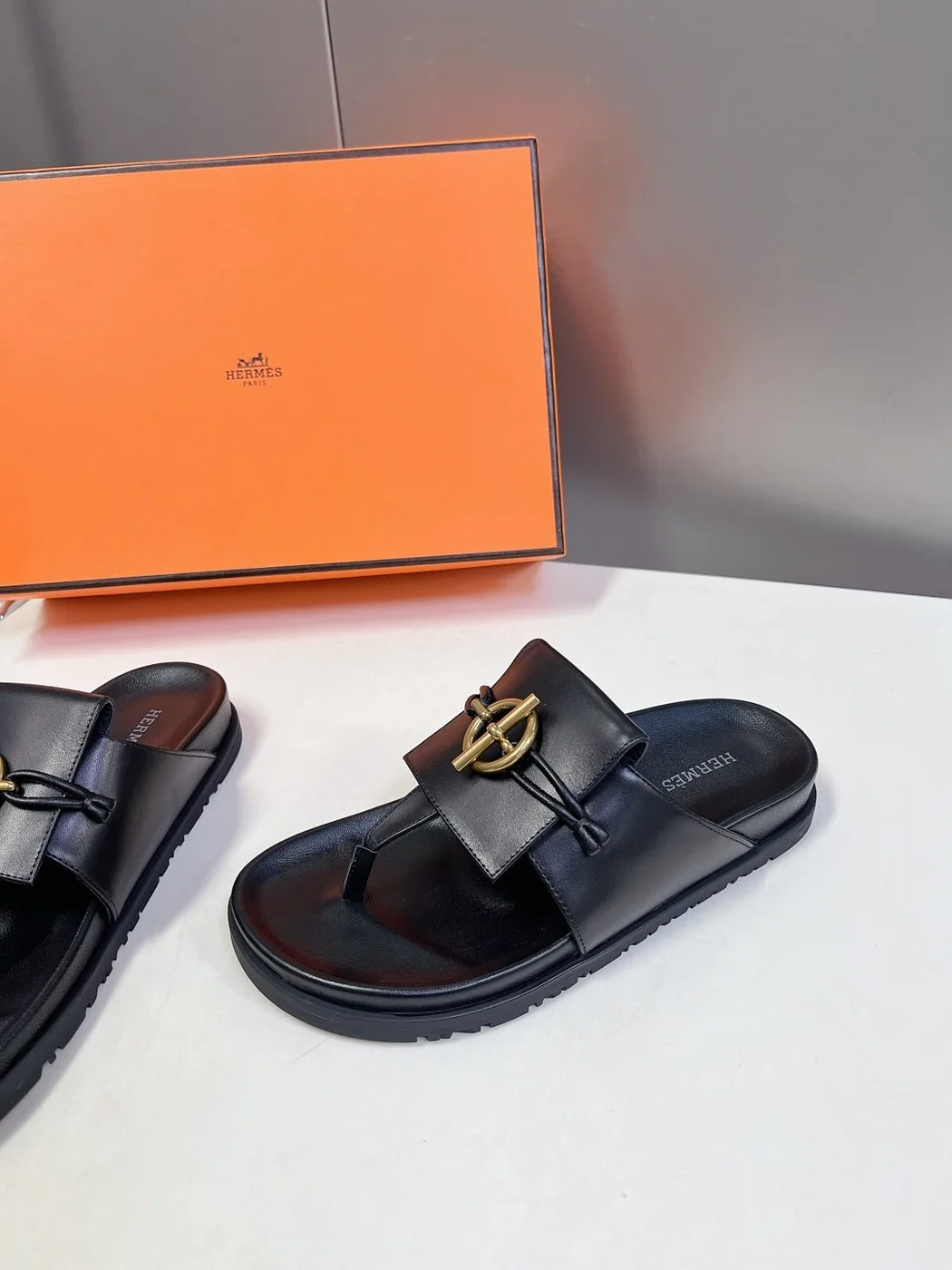 Hermès Women Black Leather Sandals — Gold-Tone Buckle Slides product view 3