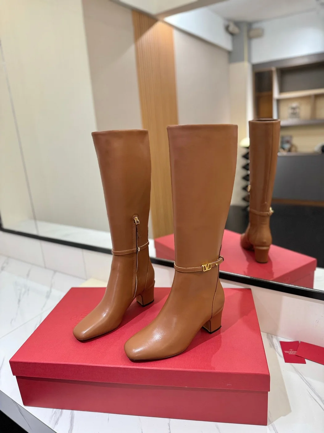 Valentino Women Tan Leather Mid-Calf Boots product view 3