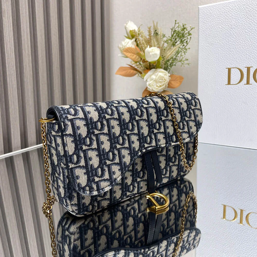 Dior Medium Saddle Pouch with Chain — Navy Blue Oblique product view 2