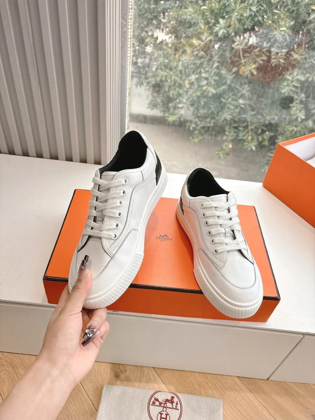 Hermès Women White Low-Top Sneakers — Black Tongue Detail product view 6