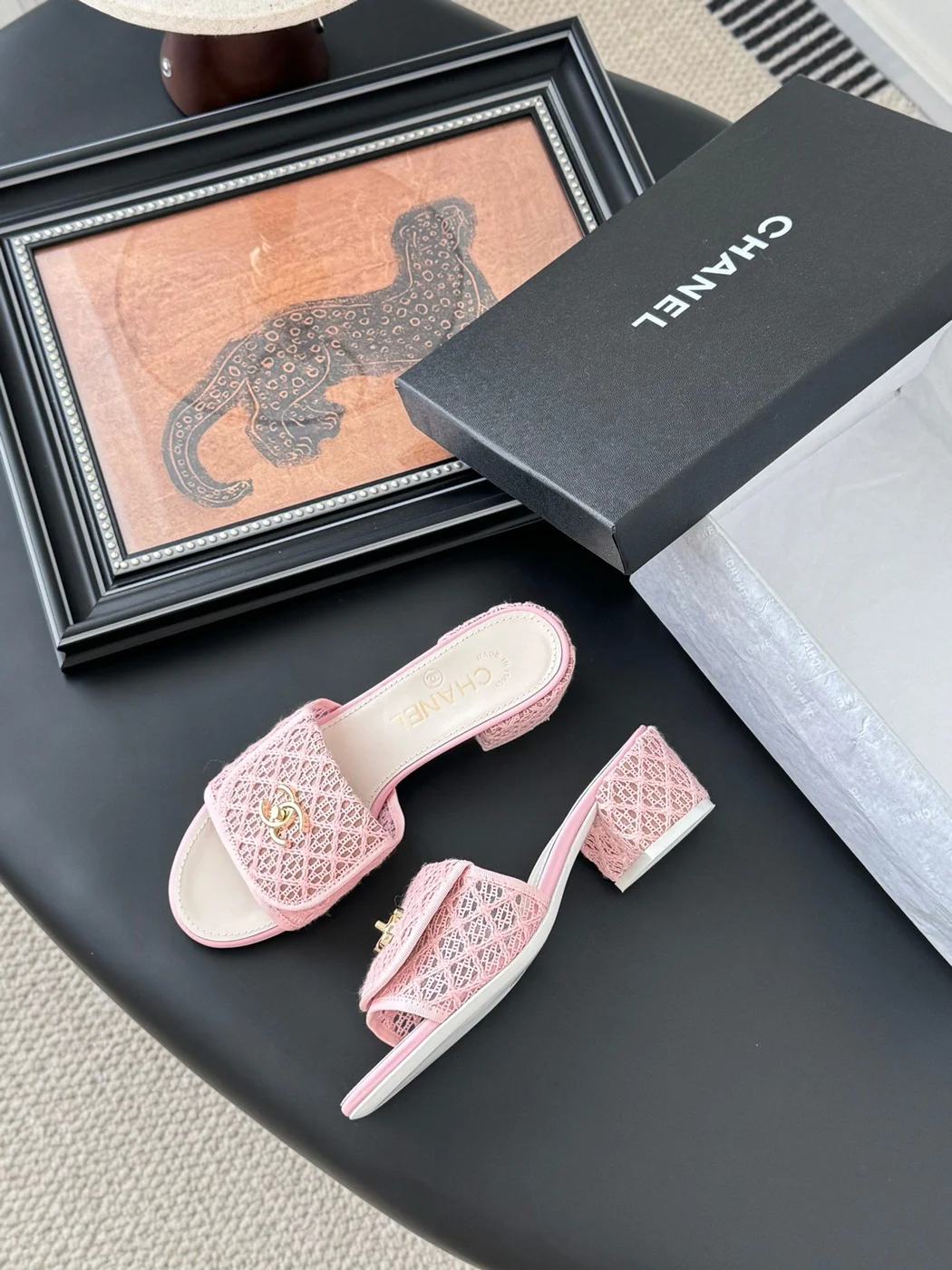 Chanel Women Pink Woven Leather Slides product view 4