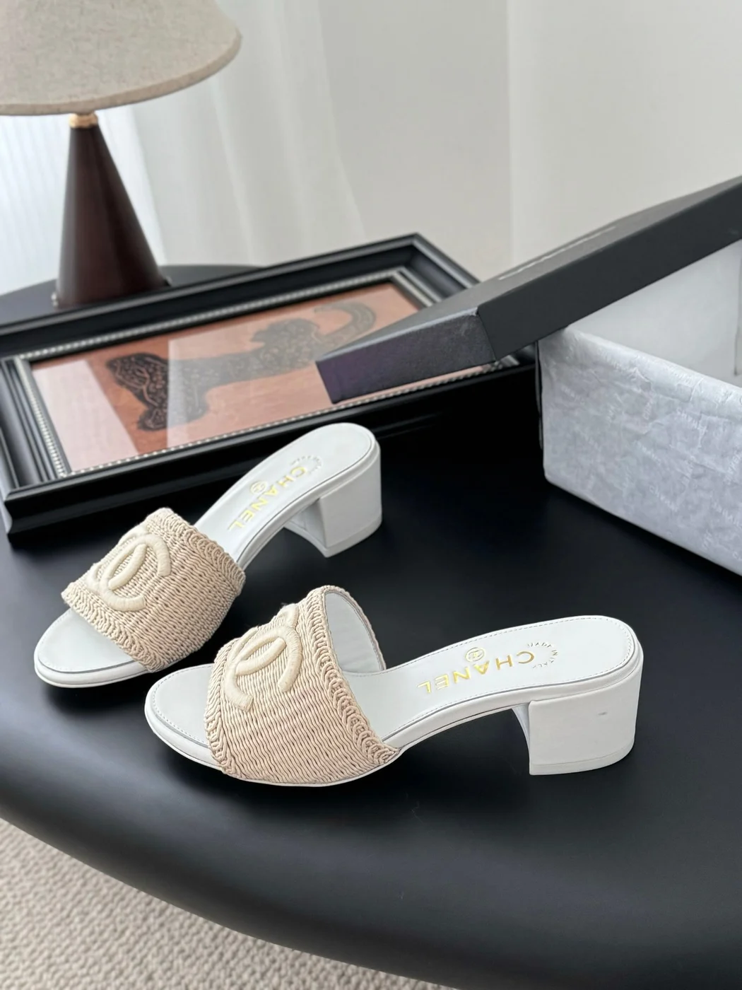 Chanel Women Woven-Fabric Slides — Beige with White Heeled Sole product view 2
