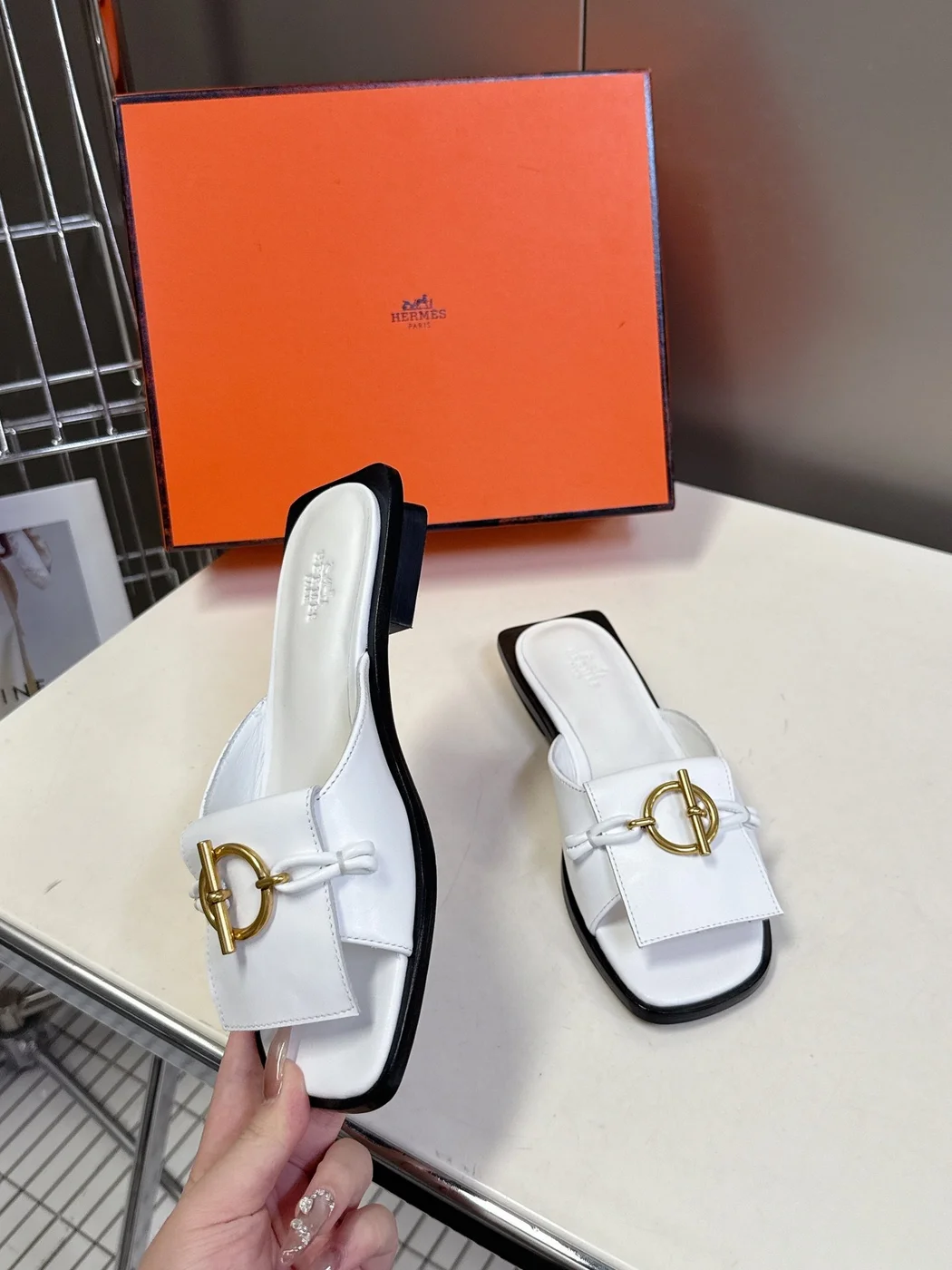 Hermès Women White Leather Mules — Gold-Tone Buckle Open-Toe Style product view 5