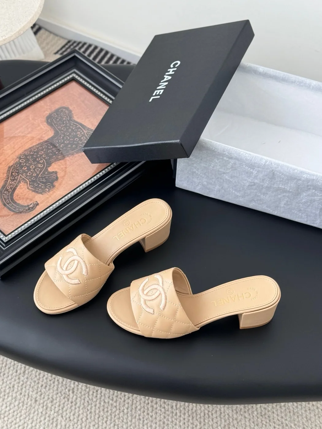 Chanel Women Beige Leather Quilted Slides product view 2