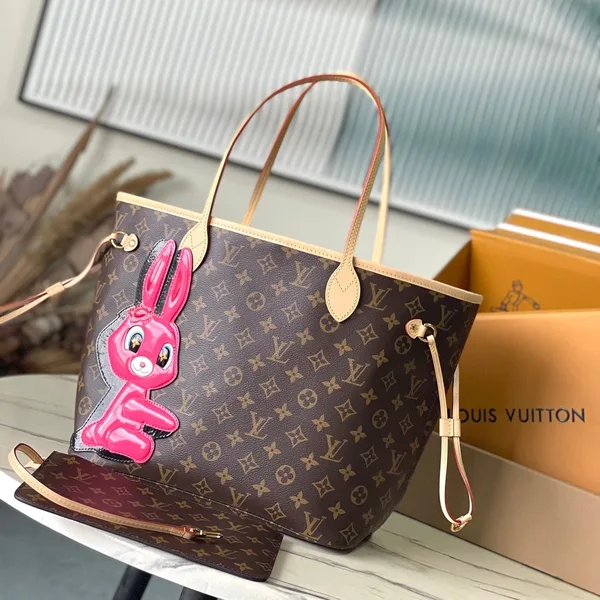 Louis Vuitton Neverfull MM In Brown Monogram Canvas With Pink Rabbit Patch Bag product photo