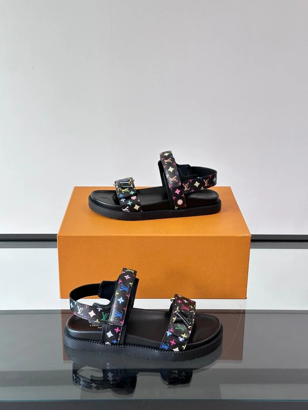 Louis Vuitton Men Black Multicolor Leather Sandals product view 4