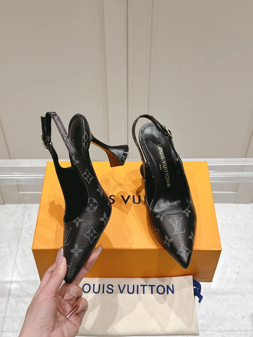 Louis Vuitton Women Black Patterned Leather Heels — Tonal Gray Pattern product view 3