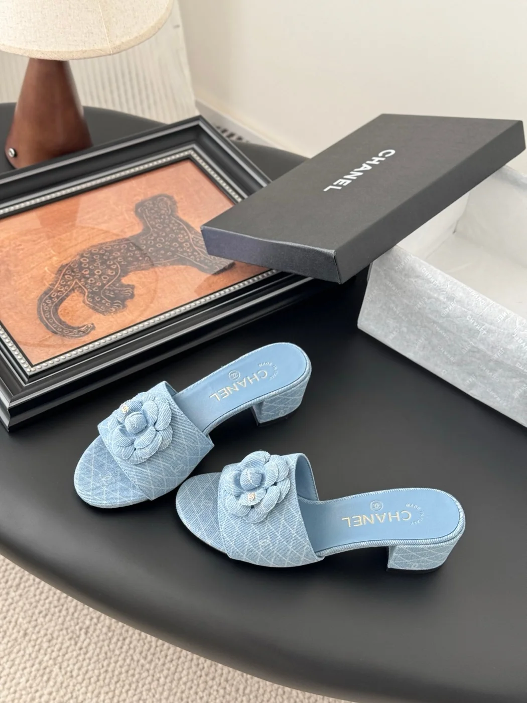 Chanel Women Light Blue Fabric Floral Slide Sandals product view 2