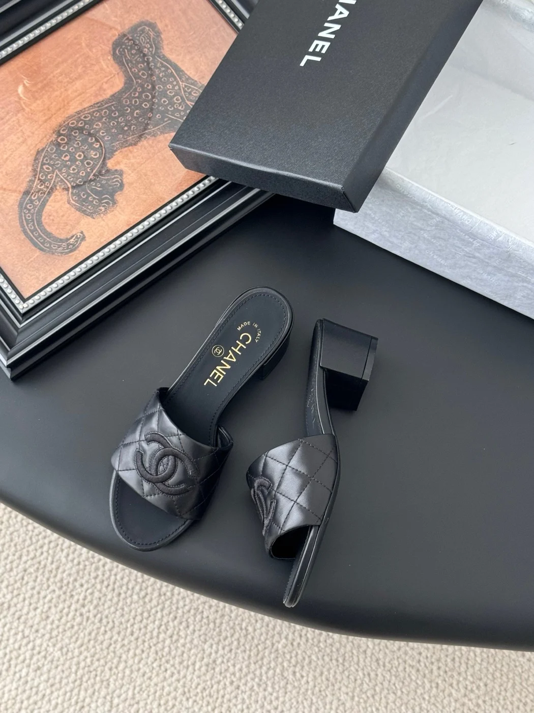 Chanel Women Black Quilted Leather Block Heel Mules product view 3