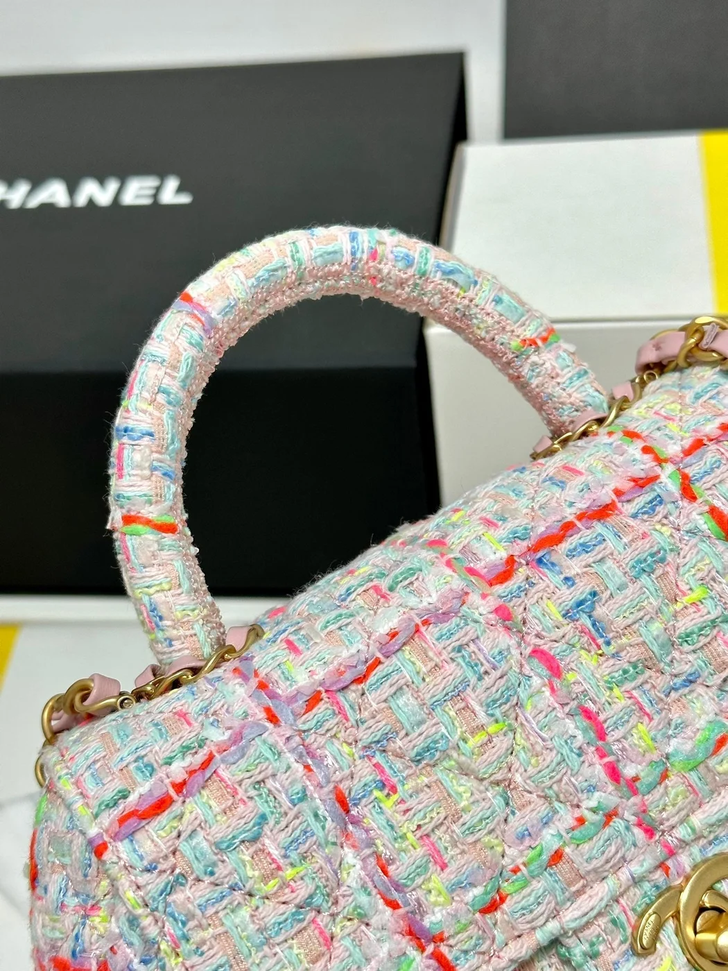 Chanel Mini Flap Bag with Top Handle Pink Tweed Bag product view 6