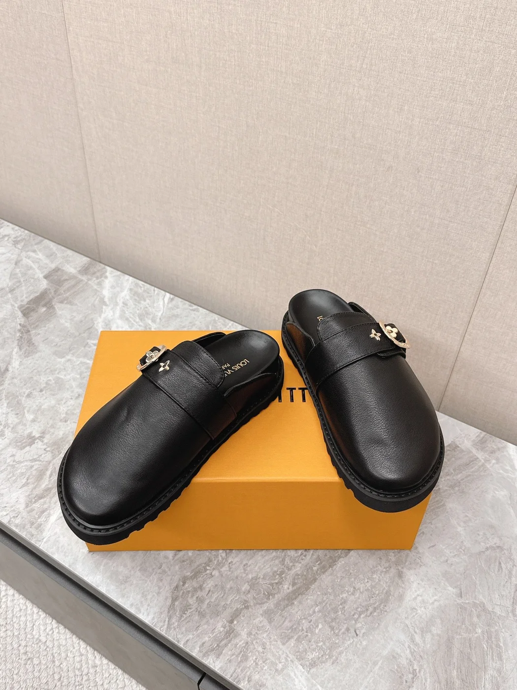 Louis Vuitton Women Black Leather Mules — Round Gold-Tone Buckle Detail product view 6