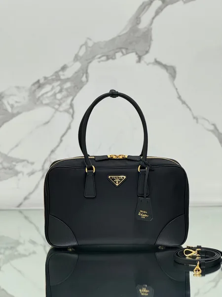Prada Large Top Handle Bag 35 In Black Nylon And Calfskin Trim product photo