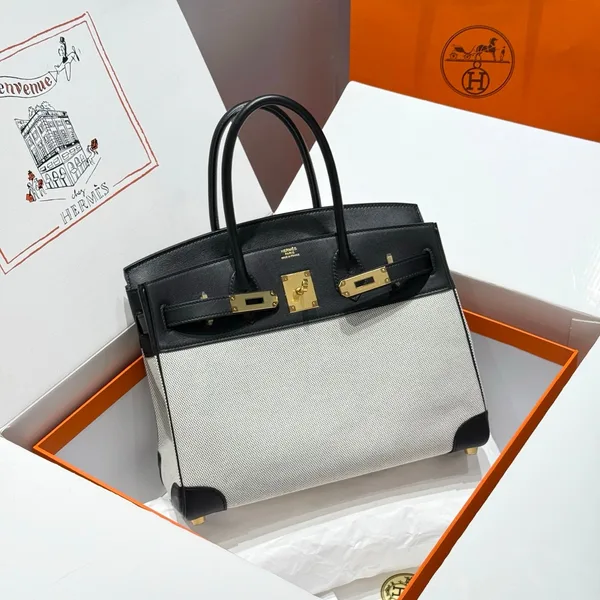 Hermès Quadrille Birkin 30 In Black Swift White Toile Canvas Bag product photo